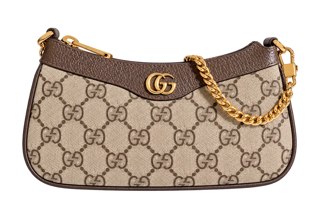Patterned shoulder bag with gold chain