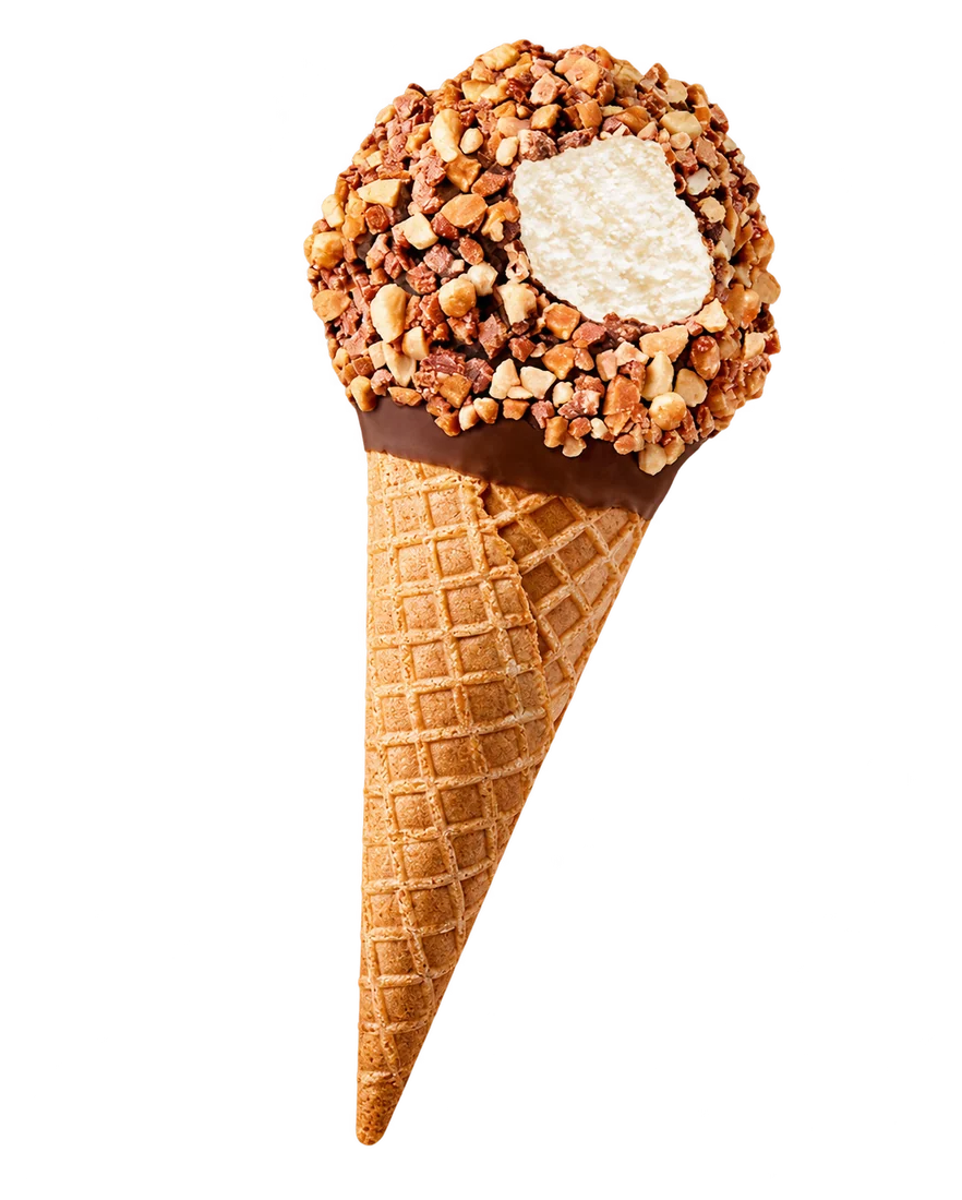 Chocolate and nut covered ice cream cone